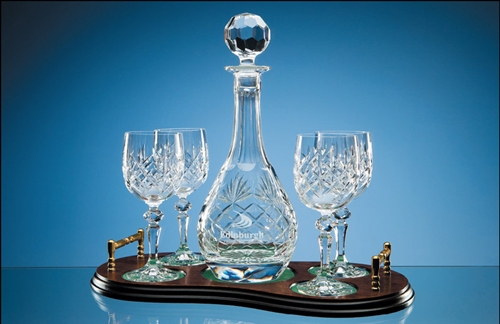 Ships Decanter and 2 Glasses and Base - POA